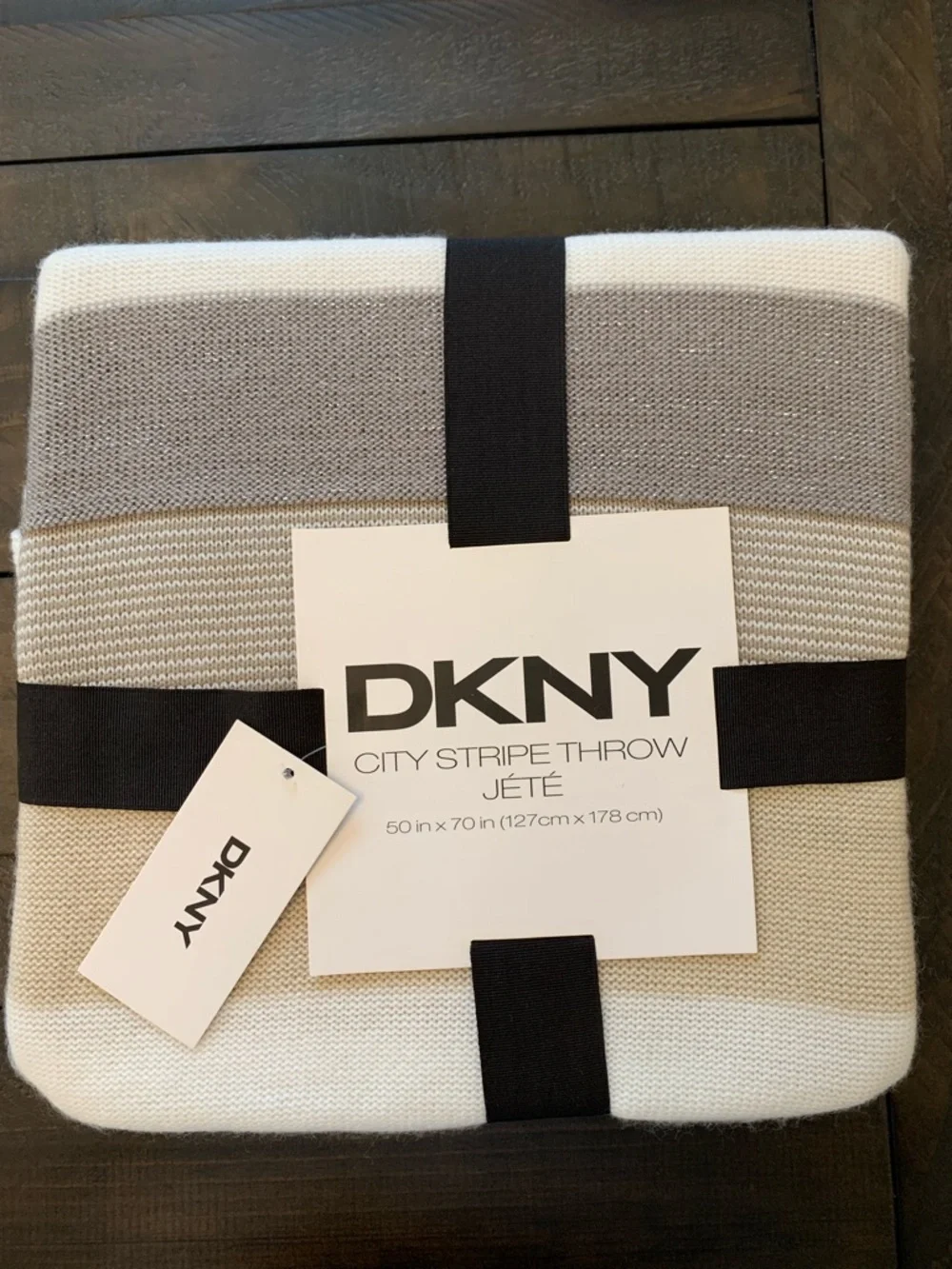 Metallic Sparkle DKNY City Stripe Throw Blanket Neutral Silver, Gray, Tan, Cream